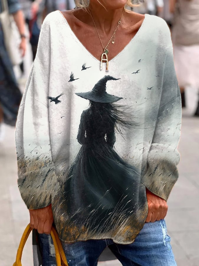 Women's Halloween Darkness Witch Printed Long Sleeve V-Neck Top