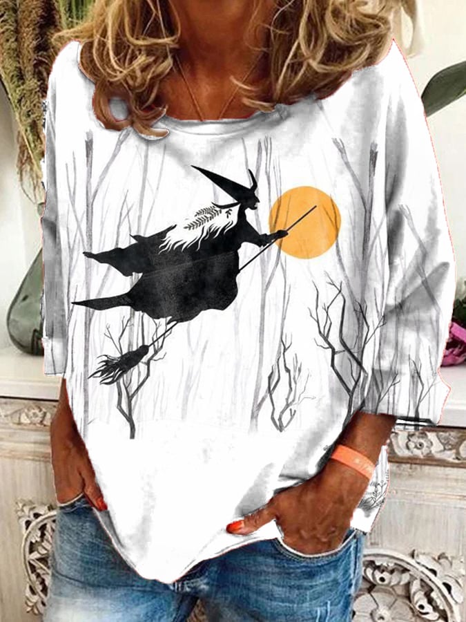 Women's Halloween Darkness Witch  Printed Long Sleeve V-Neck Top