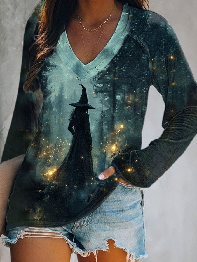 Women's Halloween Darkness Witch Printed V-Neck Long Sleeve Top